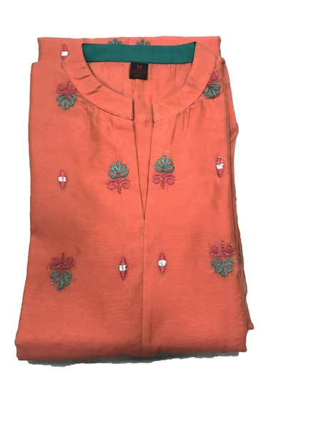 Readymade Embroidered Chanderi Kurti In Orange-XXL-1