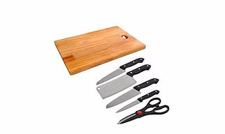 Wooden Chopping Board with Knife Set and Scissor, 6 Piece Stainless Steel Kitchen Knife Knives Set with Knife Scissor G398