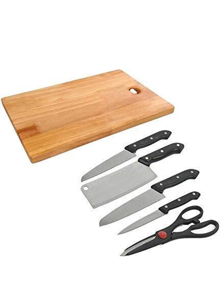 Wooden Chopping Board with Knife Set and Scissor, 6 Piece Stainless Steel Kitchen Knife Knives Set with Knife Scissor G398-G398