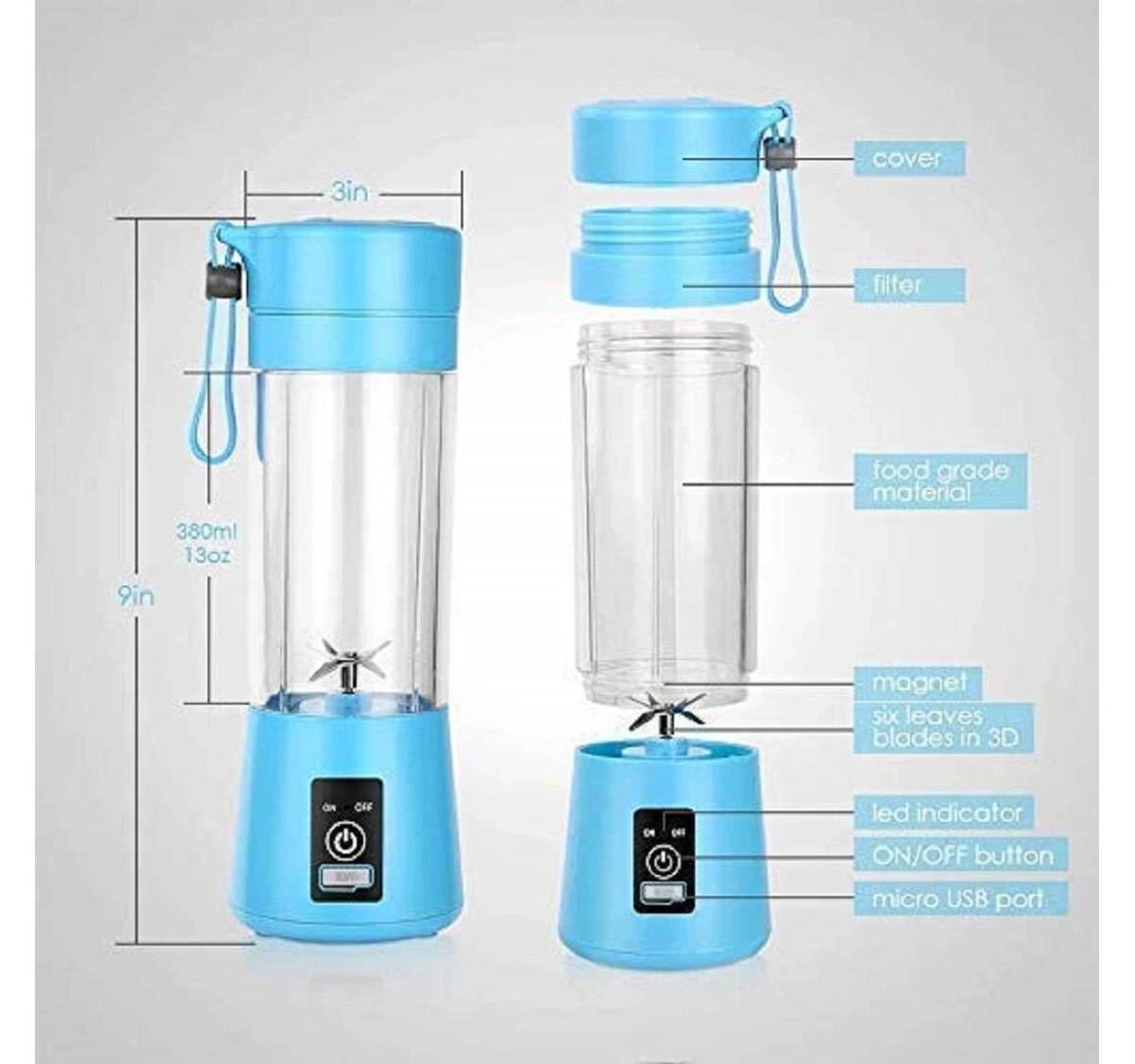Juice Blender, 380ml Portable Small Juicer Bottle, Personal Blender Bottle,  USB Rechargeable Fruit Mixer Bottle, Light Blue