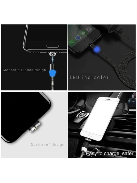 360 Degree Magnetic Charging Cable, Nylon Wire 3 Metal Jack Cable, Type-C, Micro-USB, iOS Jack Cable for All Type-C, Micro-USB Smartphone and iOS Devices G465-4