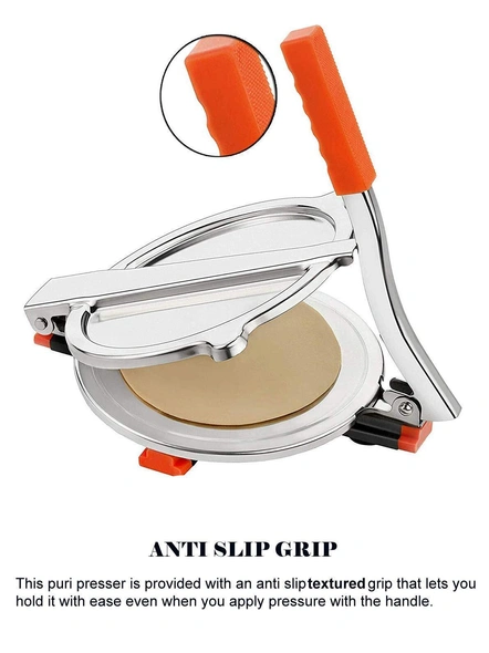 Stainless Steel Roti Maker Press Machine with PRE Fitted Handle Manual Stainless Steel Puri Press, 7.5 inch Dia. Papad Maker G154-4
