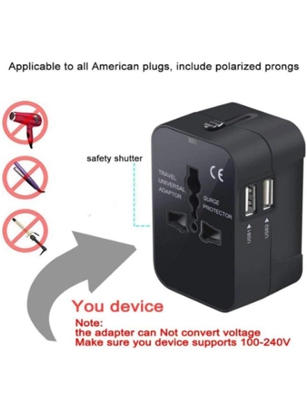 Universal Travel Adapter International All in One Worldwide Travel Adapter Wall Charger with USB port with Multi Type Power Outlet USB 2.1A,100-250 Voltage Travel Charger with USB Ports (Black) G527-2