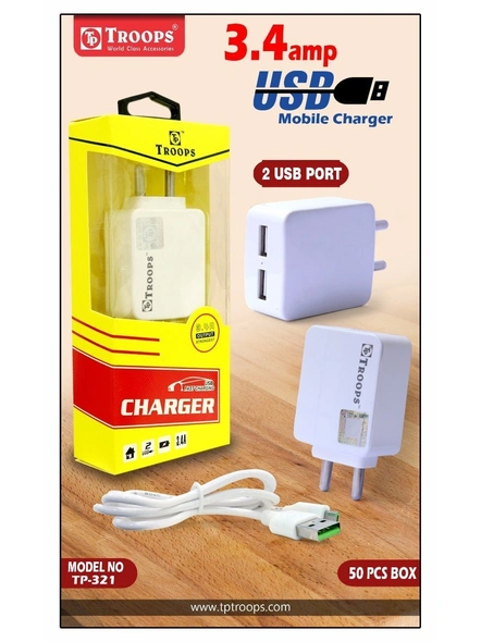TP TROOPS Supercharge 3.4 A /17 Watts Multi Protect Features 2 USB Universal Wall Charger with 1.2 m- 2.4A Micro USB Cable for Indian Plugs (White) G588-6