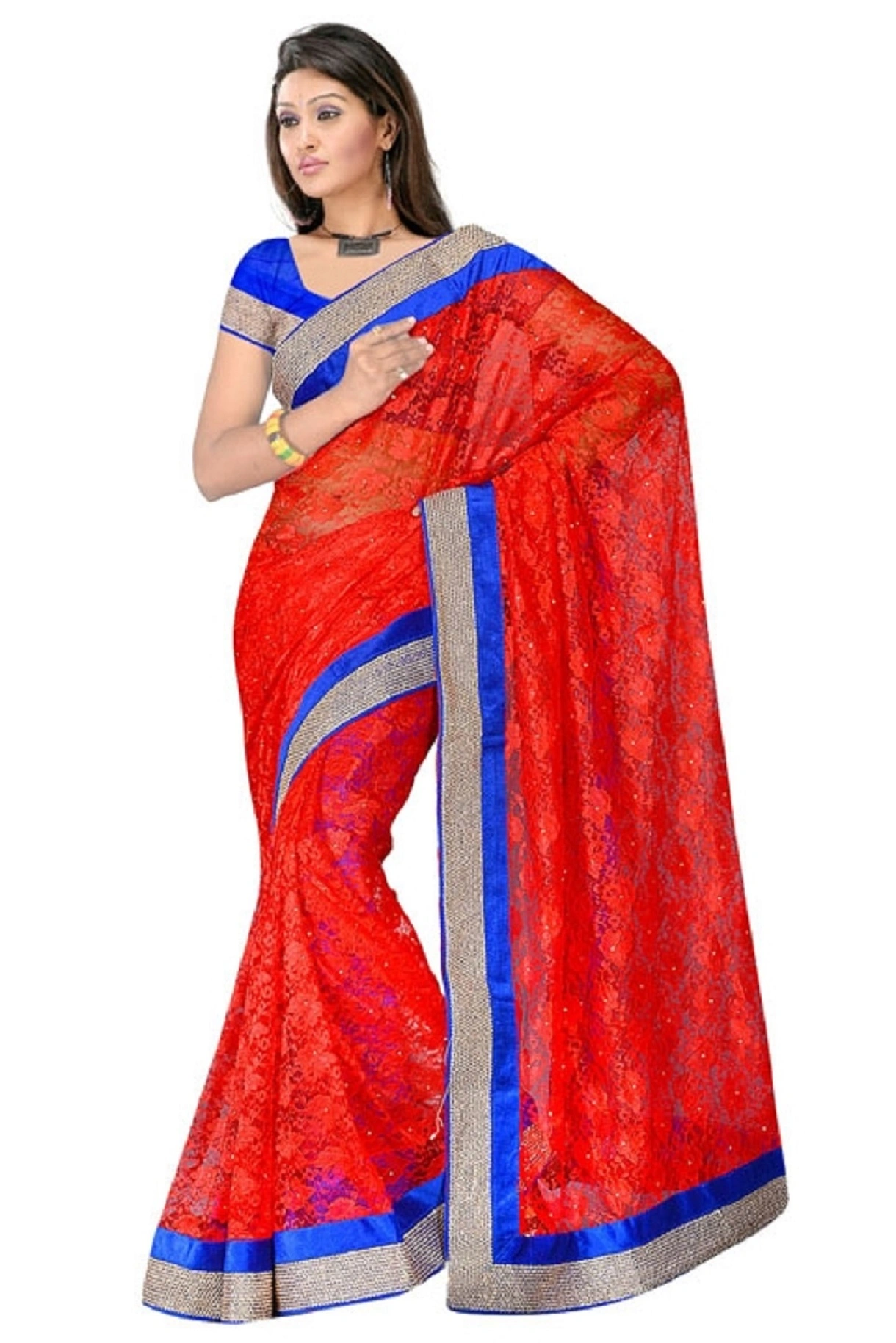 Fancy Net Embroidered Saree In Red-273