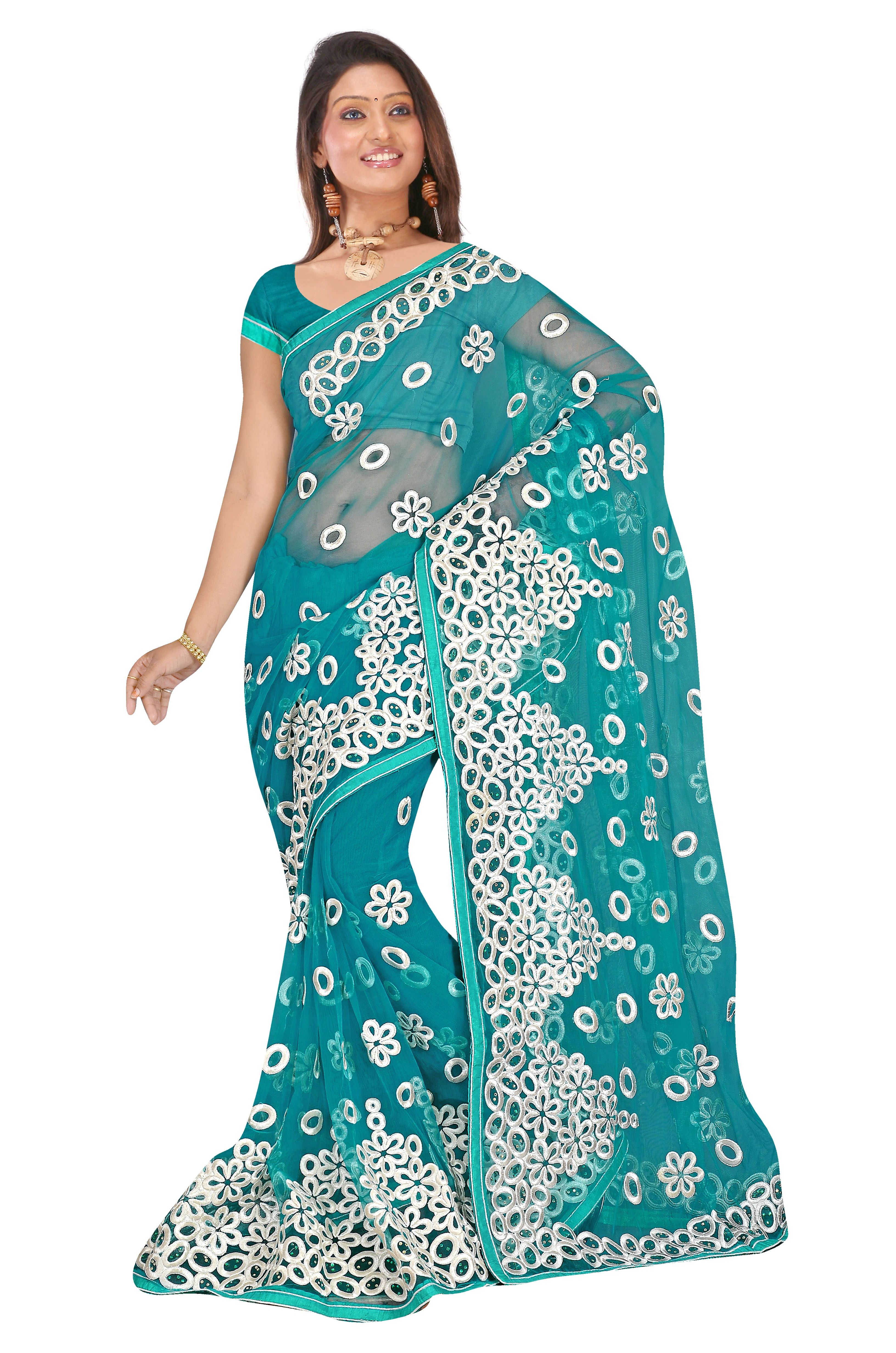 Rama Blue Embroidered Net Sarees 311-311