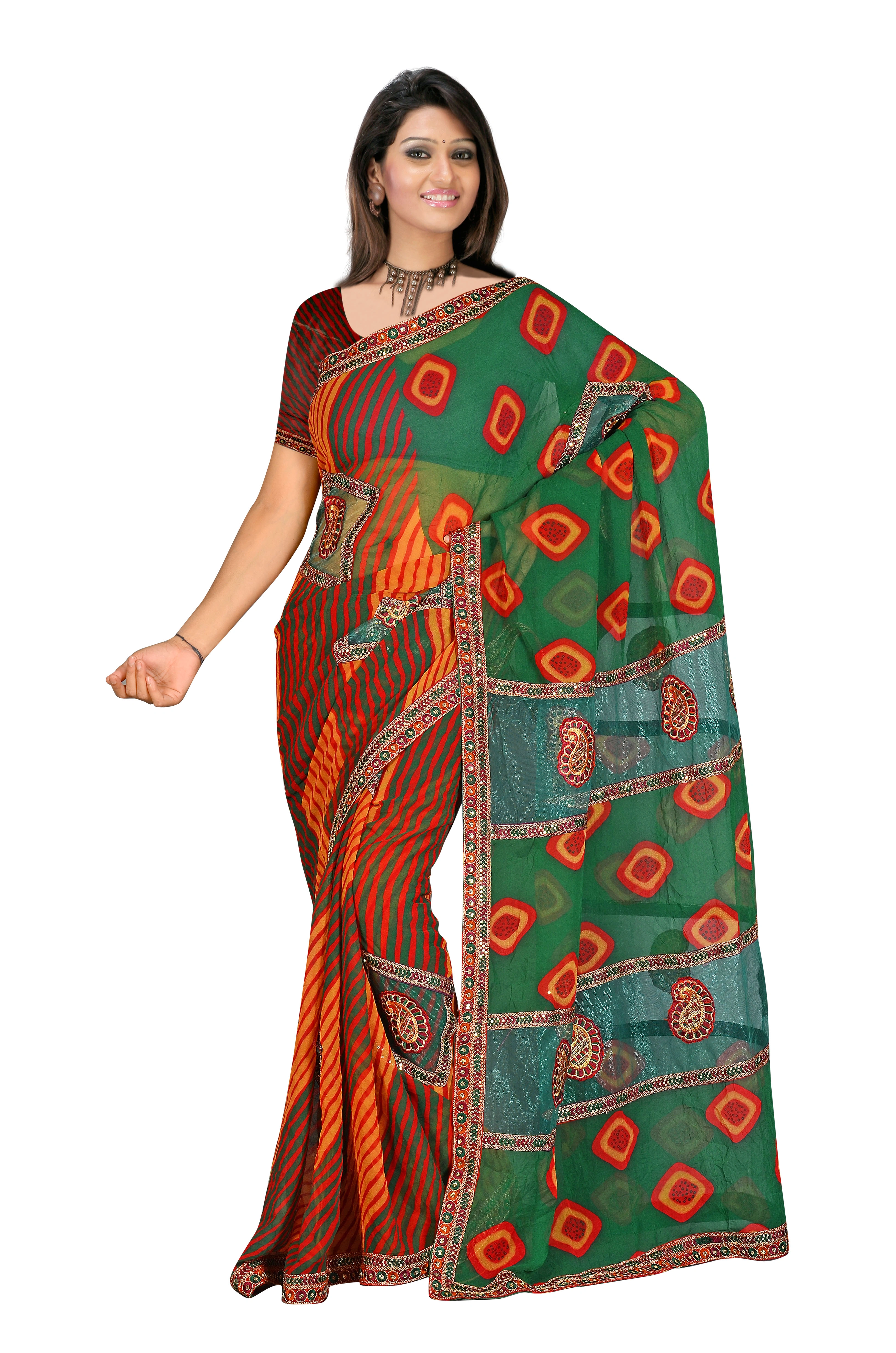 Georgette Crush Lehariya Bandhani Print Saree In Green  1344-1344