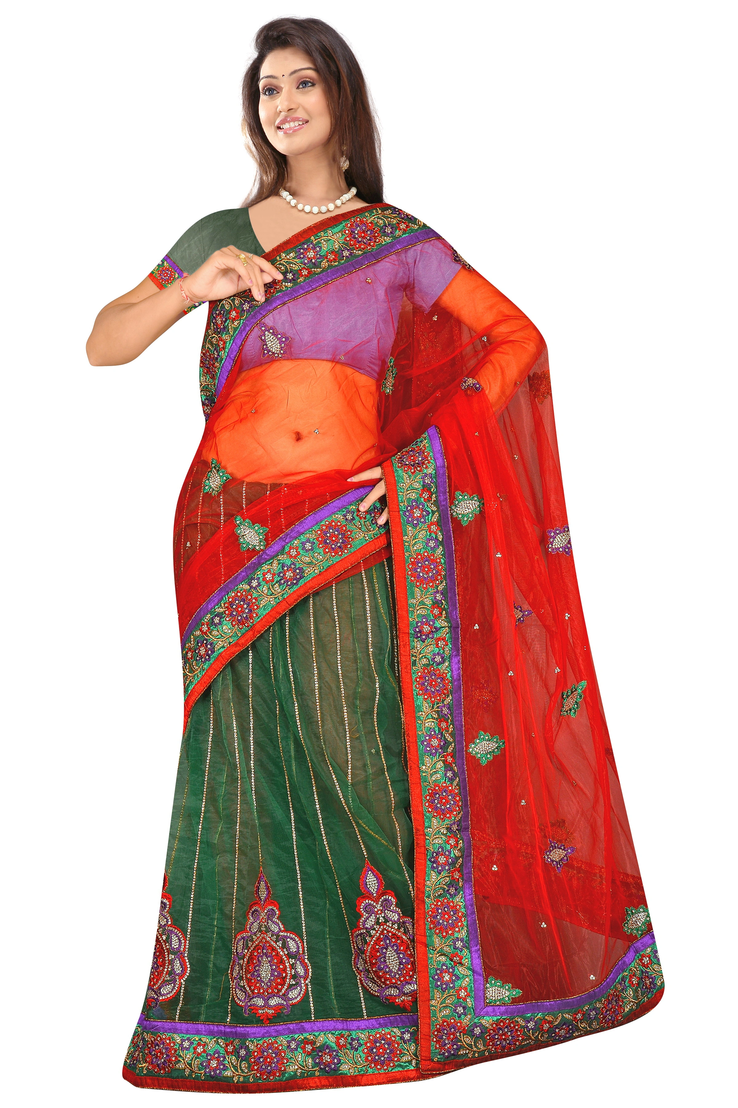 Embroidered Lehenga Saree In Maroon And Green 352-352