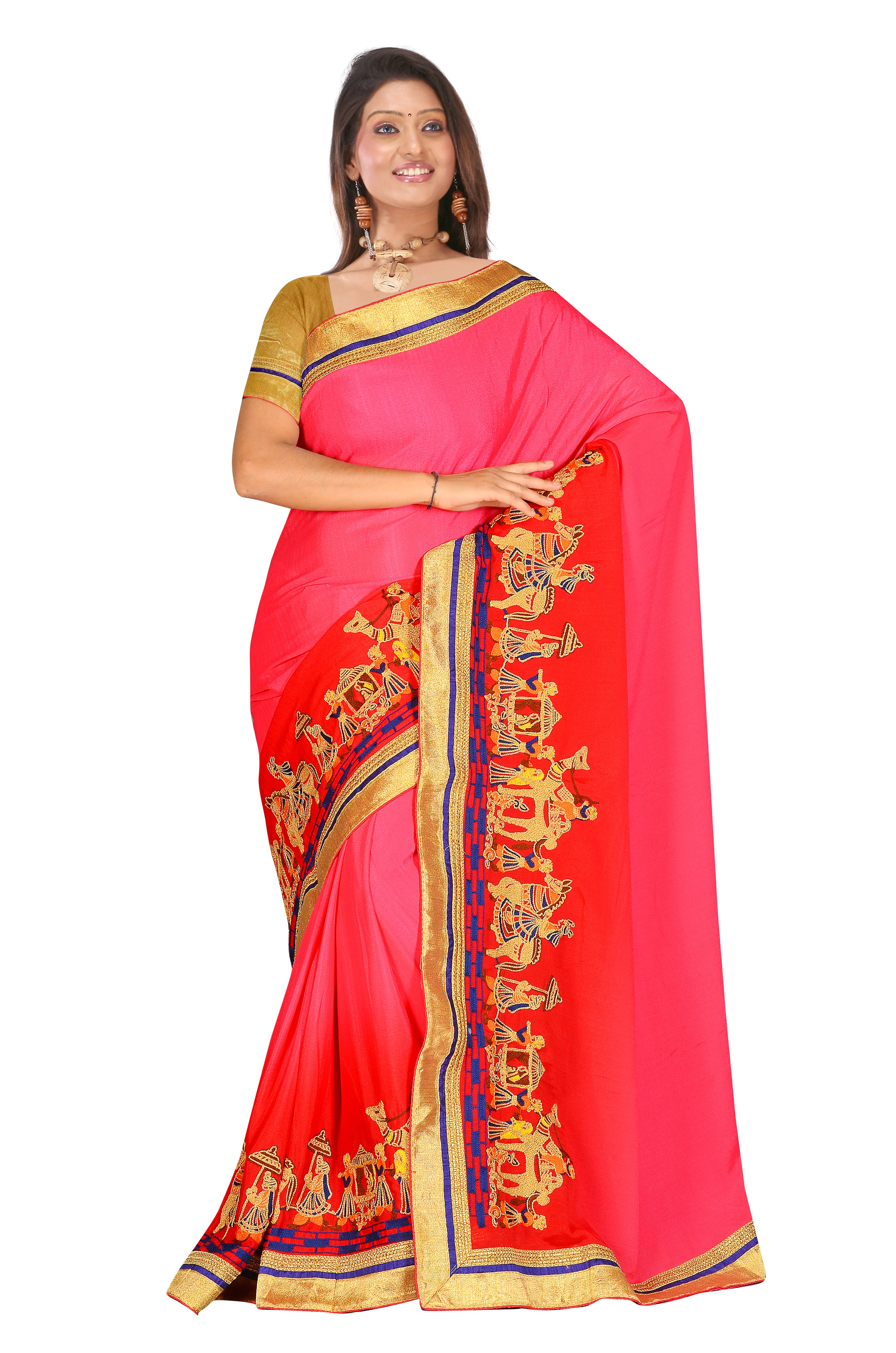 Rani To Red Crepe Shaded Embroidered Saree-850B