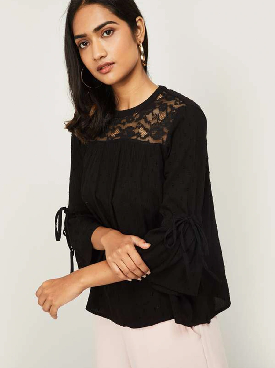 Women Black Half Sleev Net T-Shirt-11544780