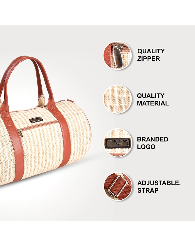 Merchentus India EcoChic Beige JuteLeather Duffle Bag-4