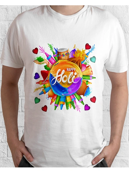 Happy Holi   White, Polyster, Round Neck, For Men,Women And Kids-HH-CI9-S