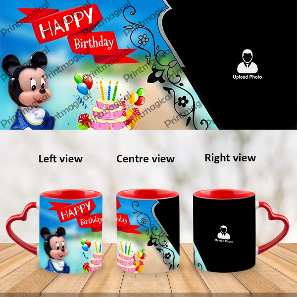 Birthday Cake with Micky Mouse Personalized Heart Handle Mug-Heart Handle Photo Mug-1