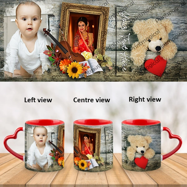 Teddy with Floral Pattern Personalized Heart Handle Mug-Hearthandle-A025