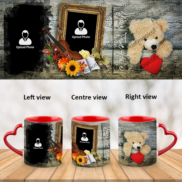 Teddy with Floral Pattern Personalized Heart Handle Mug-Heart Handle Photo Mug-1