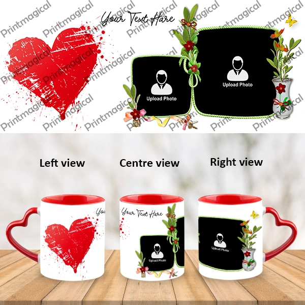 Hearts with Flower Personalized Heart Handle Mugs-Heart Handle Photo Mug-1