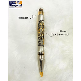 rudraksha series premium gold ball pen - engraved lord ganesha, blue ink, rudraksha-studded top
