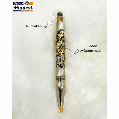 rudraksha series premium gold ball pen - engraved lord ganesha, blue ink, rudraksha-studded top