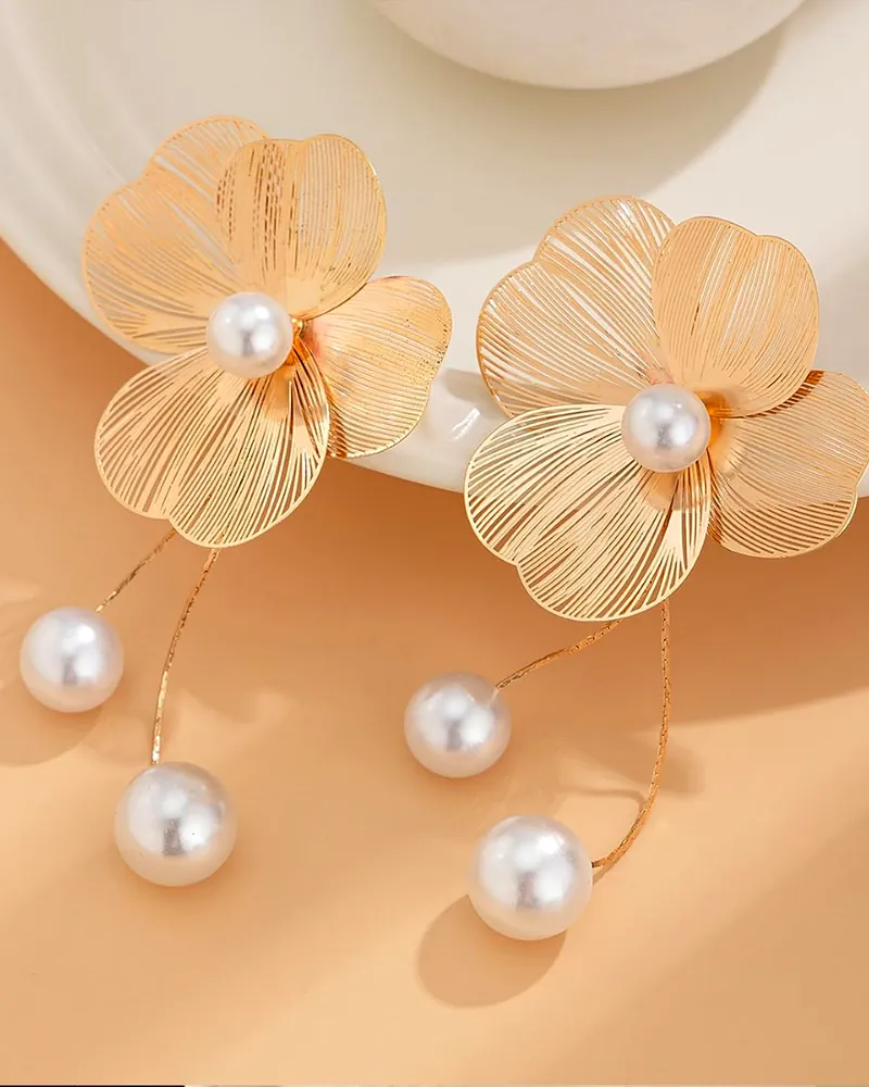 Stainless Steel Gold-Plated Pearls Beaded Floral Tasselled Drop Earrings by Print Magical Gifts