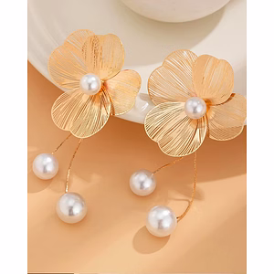 Stainless Steel Gold-Plated Pearls Beaded Floral Tasselled Drop Earrings