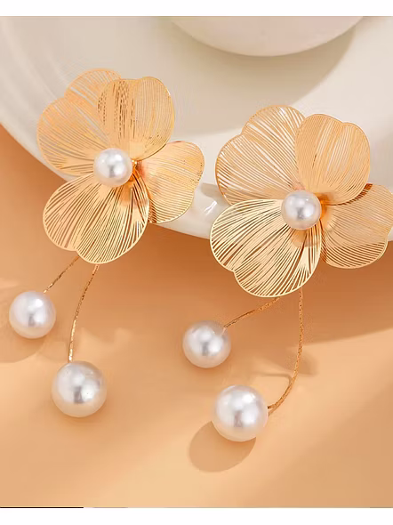 Stainless Steel Gold-Plated Pearls Beaded Floral Tasselled Drop Earrings