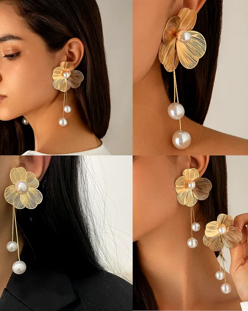 Stainless Steel Gold-Plated Pearls Beaded Floral Tasselled Drop Earrings by Print Magical Gifts