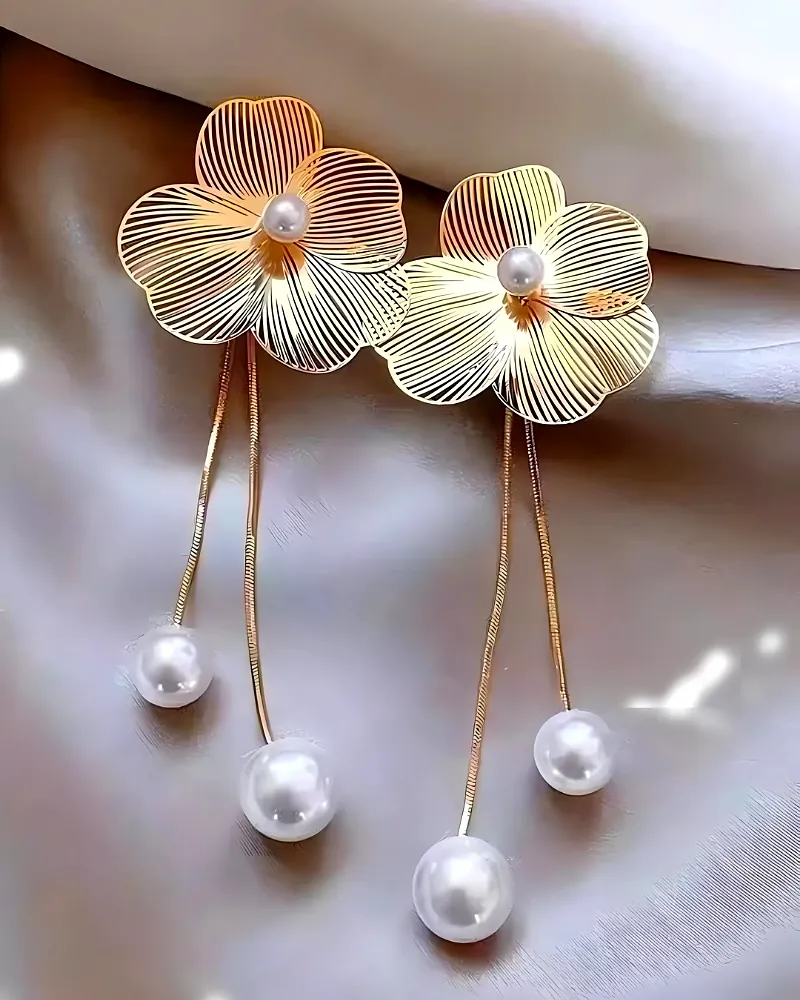 Stainless Steel Gold-Plated Pearls Beaded Floral Tasselled Drop Earrings by Print Magical Gifts