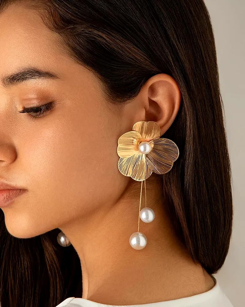 Stainless Steel Gold-Plated Pearls Beaded Floral Tasselled Drop Earrings by Print Magical Gifts