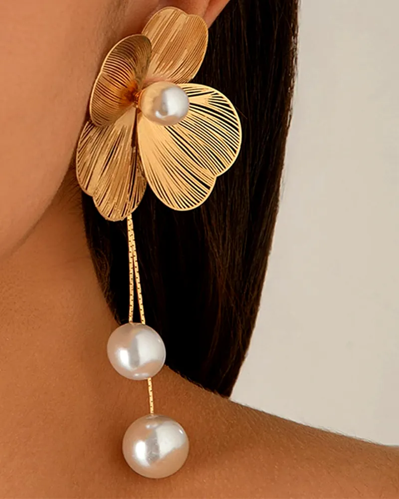 Stainless Steel Gold-Plated Pearls Beaded Floral Tasselled Drop Earrings by Print Magical Gifts