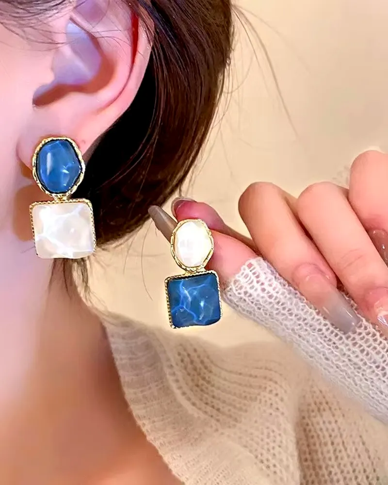 Korean Gold-Plated Drop Earrings for Women – Mona Lisa Blue Stone by Print Magical Gifts