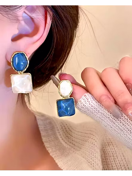 Korean Gold-Plated Drop Earrings for Women – Mona Lisa Blue Stone