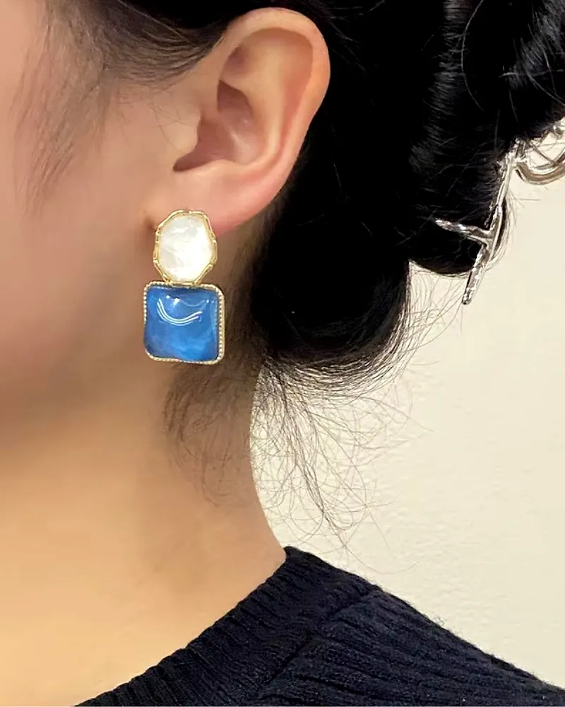 Korean Gold-Plated Drop Earrings for Women – Mona Lisa Blue Stone by Print Magical Gifts