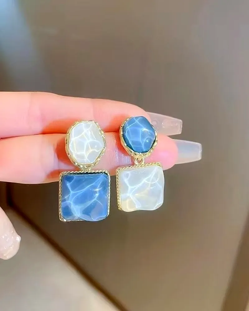 Korean Gold-Plated Drop Earrings for Women – Mona Lisa Blue Stone by Print Magical Gifts