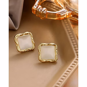Gold-Plated Twisted Square Opal Stud Earrings - Elegant Women's Korean Fashion Jewelry