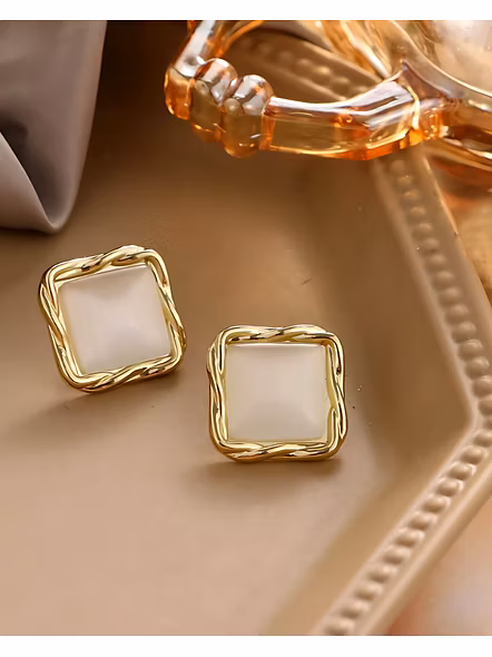 Gold-Plated Twisted Square Opal Stud Earrings - Elegant Women's Korean Fashion Jewelry
