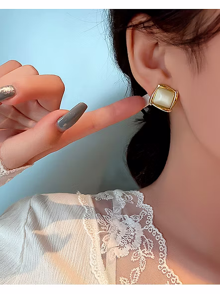 Gold-Plated Twisted Square Opal Stud Earrings - Elegant Women's Korean Fashion Jewelry