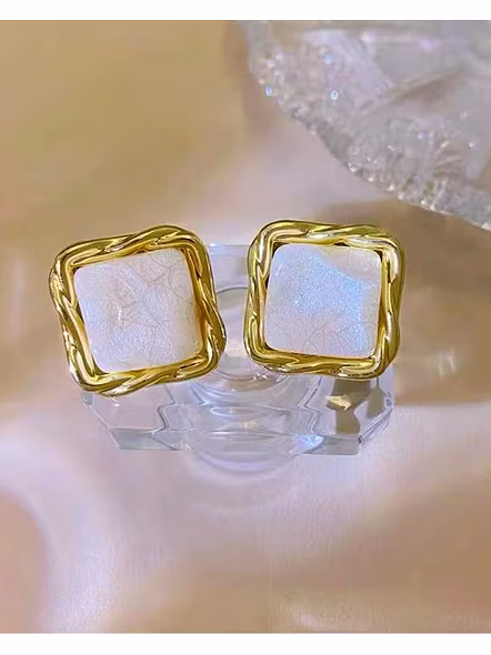 Gold-Plated Twisted Square Opal Stud Earrings - Elegant Women's Korean Fashion Jewelry