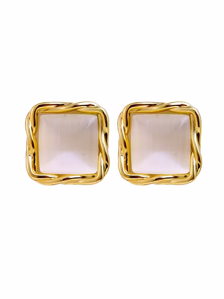 Gold-Plated Twisted Square Opal Stud Earrings - Elegant Women's Korean Fashion Jewelry