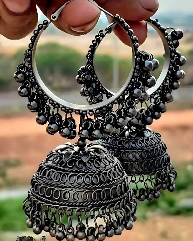 Black Oxidised Jhumka Earrings – Traditional Vintage Style Jewelry by Print Magical Gifts