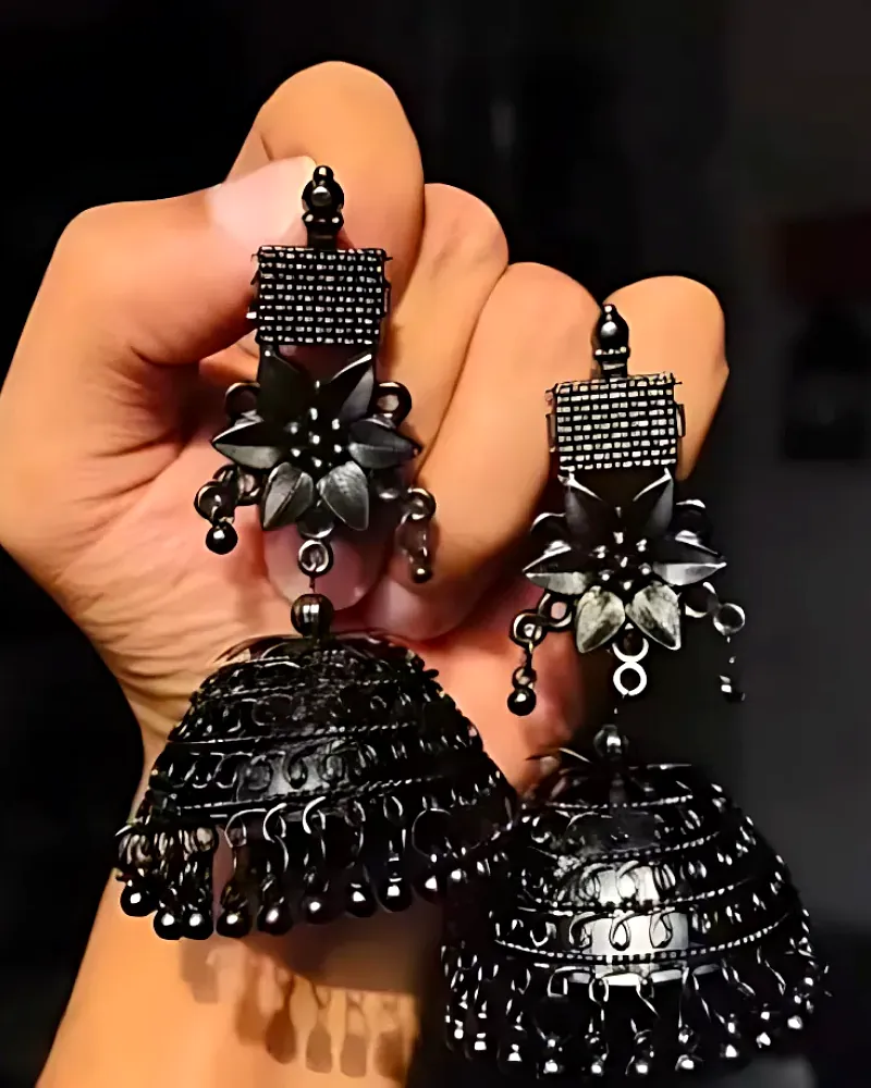 Stunning Black Oxidised Big Flower Jhumka Earrings for Festive Glamour by Print Magical Gifts