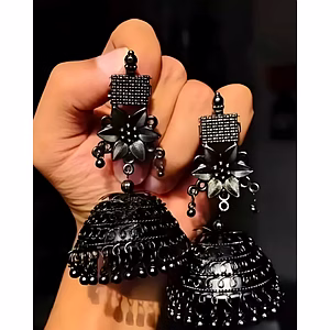 Stunning Black Oxidised Big Flower Jhumka Earrings for Festive Glamour