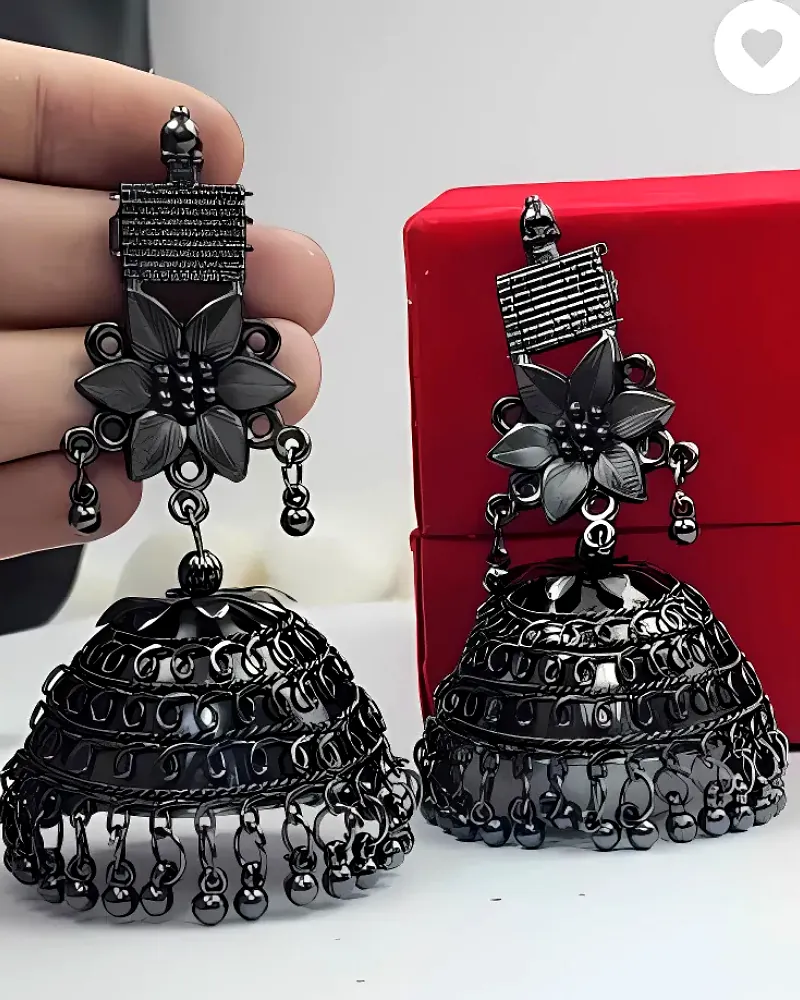Stunning Black Oxidised Big Flower Jhumka Earrings for Festive Glamour by Print Magical Gifts
