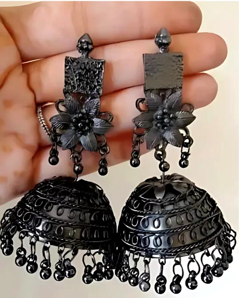 Stunning Black Oxidised Big Flower Jhumka Earrings for Festive Glamour by Print Magical Gifts
