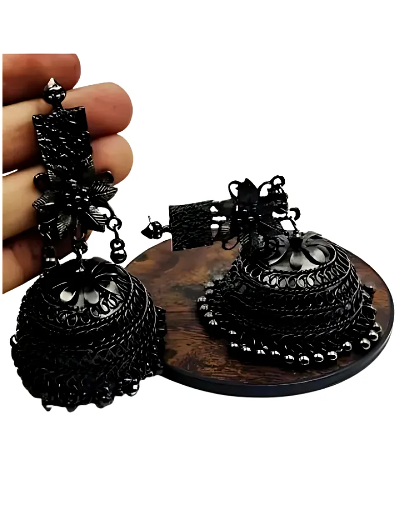 Stunning Black Oxidised Big Flower Jhumka Earrings for Festive Glamour by Print Magical Gifts