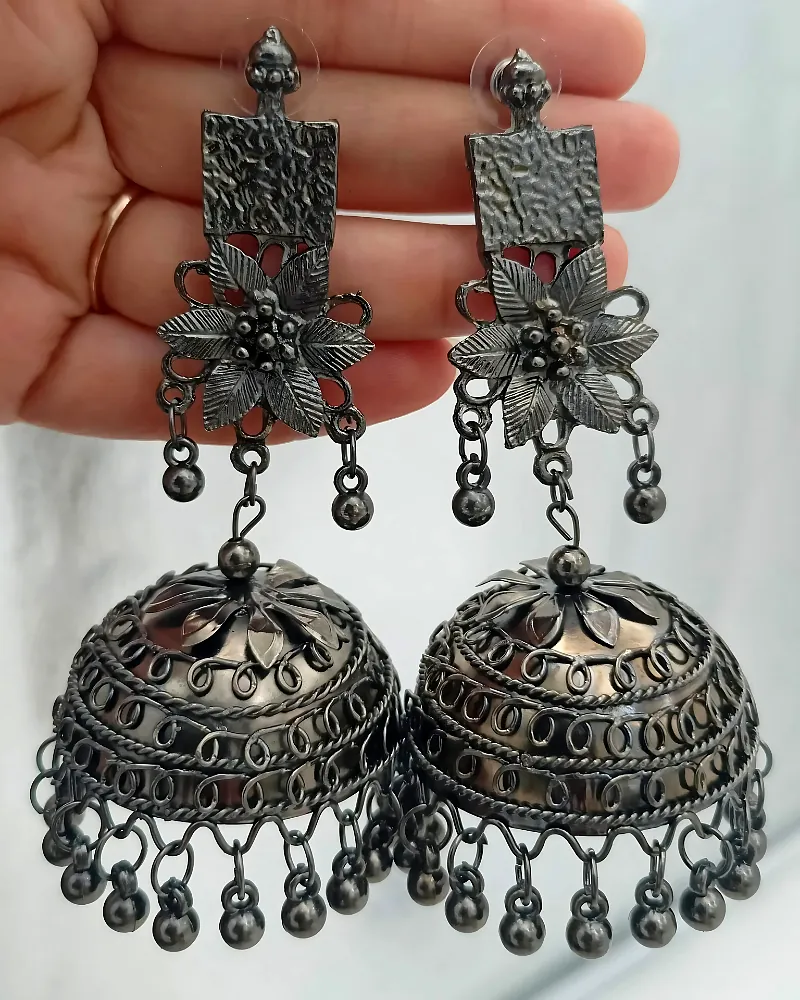 Stunning Black Oxidised Big Flower Jhumka Earrings for Festive Glamour by Print Magical Gifts