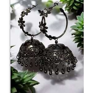 Stylish Black Oxidised Big Jhumka Earrings for Women - Floral Ethnic Jewelry
