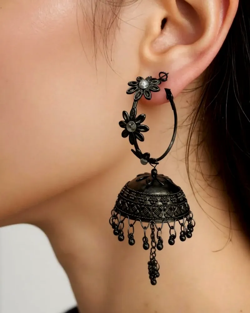 Stylish Black Oxidised Big Jhumka Earrings for Women - Floral Ethnic Jewelry by Print Magical Gifts