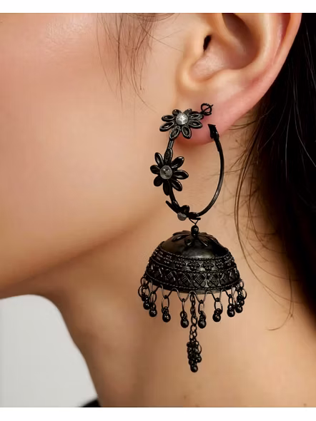 Stylish Black Oxidised Big Jhumka Earrings for Women - Floral Ethnic Jewelry