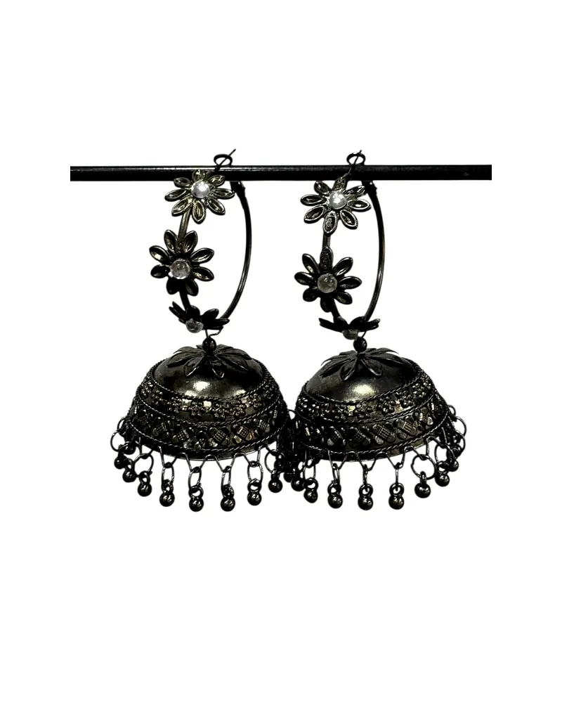 Stylish Black Oxidised Big Jhumka Earrings for Women - Floral Ethnic Jewelry by Print Magical Gifts