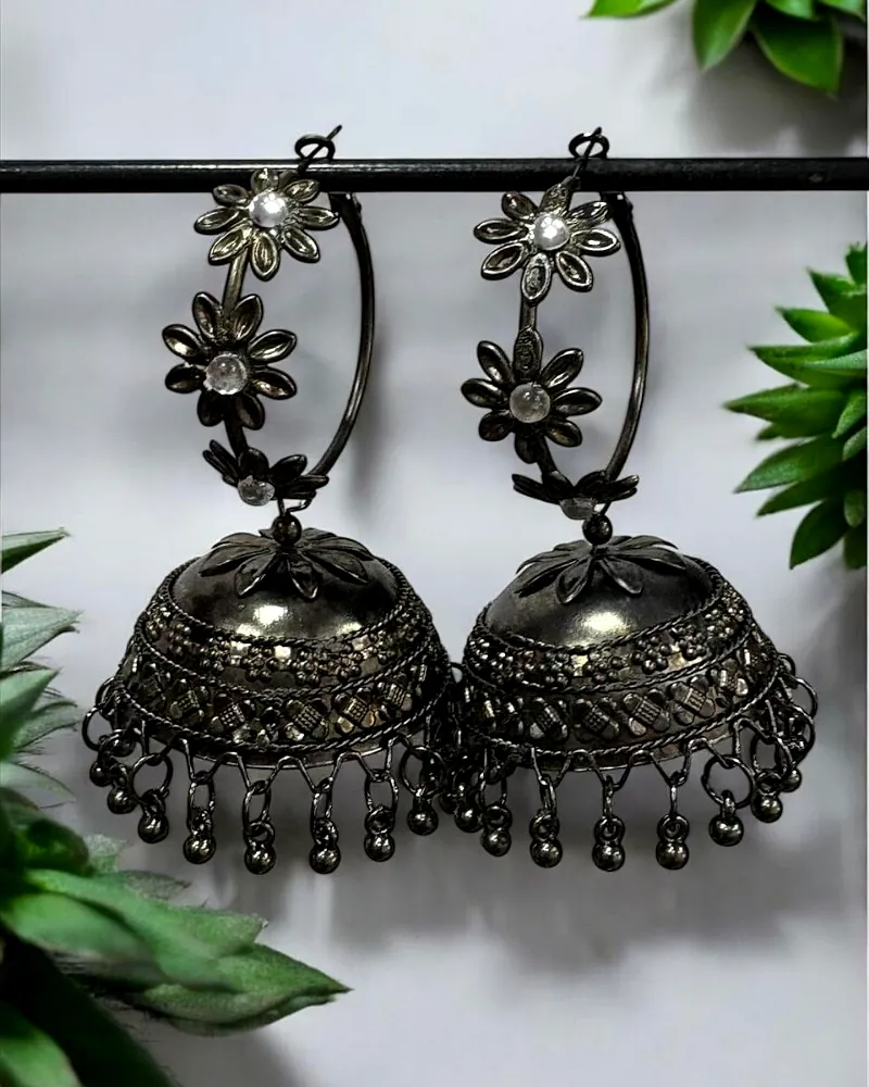 Stylish Black Oxidised Big Jhumka Earrings for Women - Floral Ethnic Jewelry by Print Magical Gifts